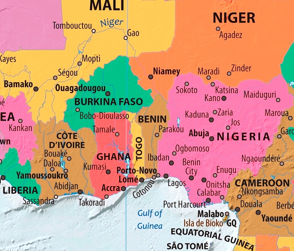 Elfenbeinküste Karte mit Stadten auf Englisch
