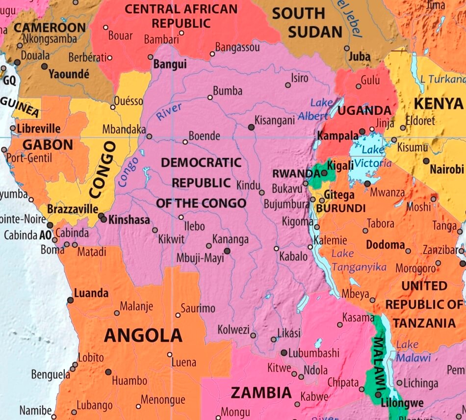 República Democrática do Congo mapa com cidades em inglês
