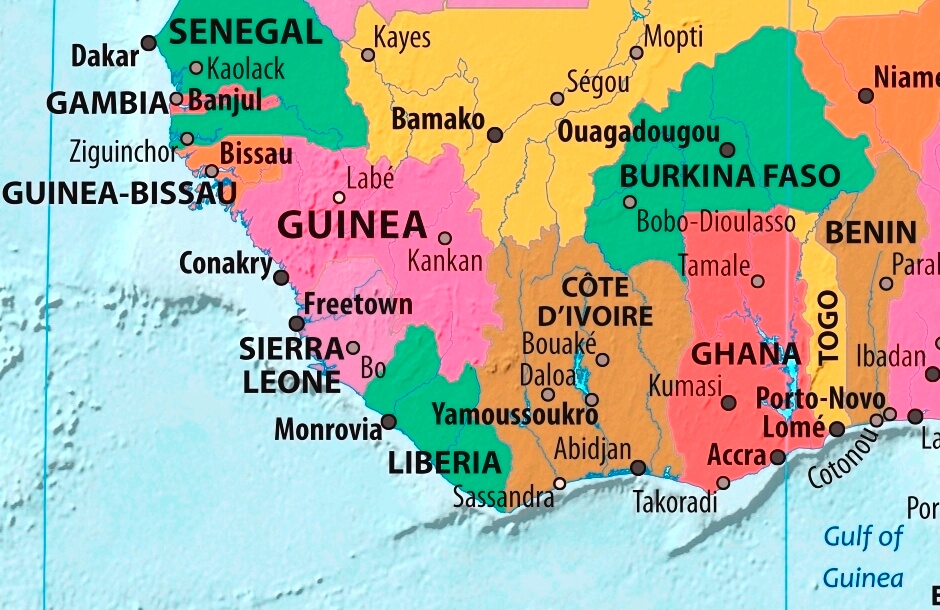 Map of Guinea in english (Карта Гвинеи на английском языке с городами)