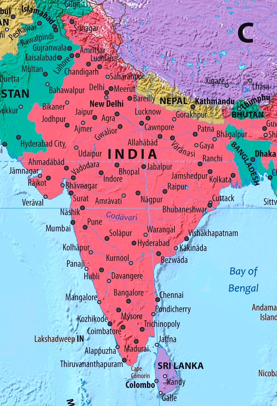 Map of India in english (Карта Индии на английском языке с городами)