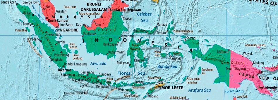 Indonésia mapa com cidades em inglês