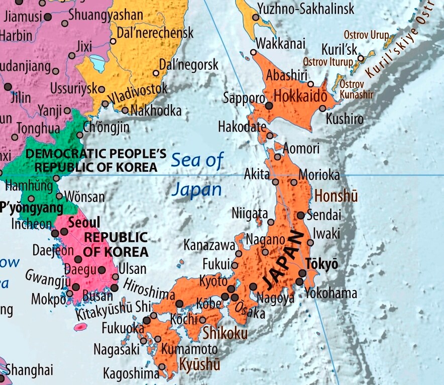 Map of Japan in english (Карта Японии на английском языке с городами)