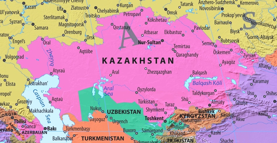 Kasachstan Karte mit Städten auf Englisch
