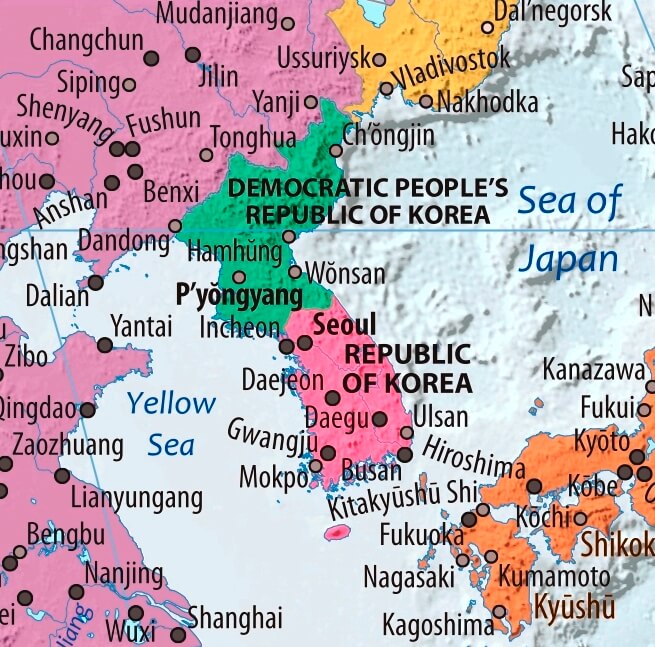 Map of Korea in english (Карта Кореи на английском языке с городами)