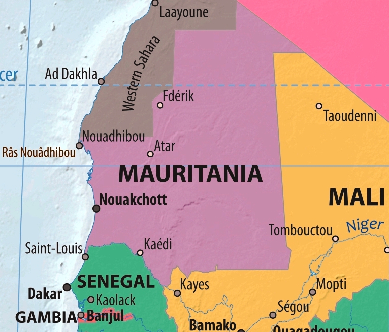 Map of Mauritania in english (Карта Мавритании на английском языке с городами)