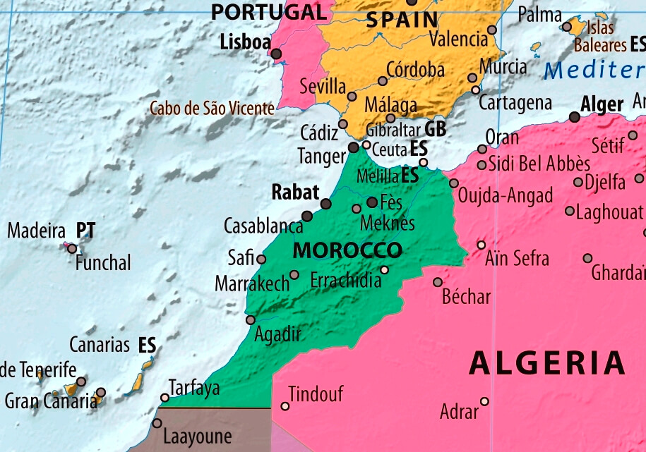 Marrocos mapa com cidades em inglês