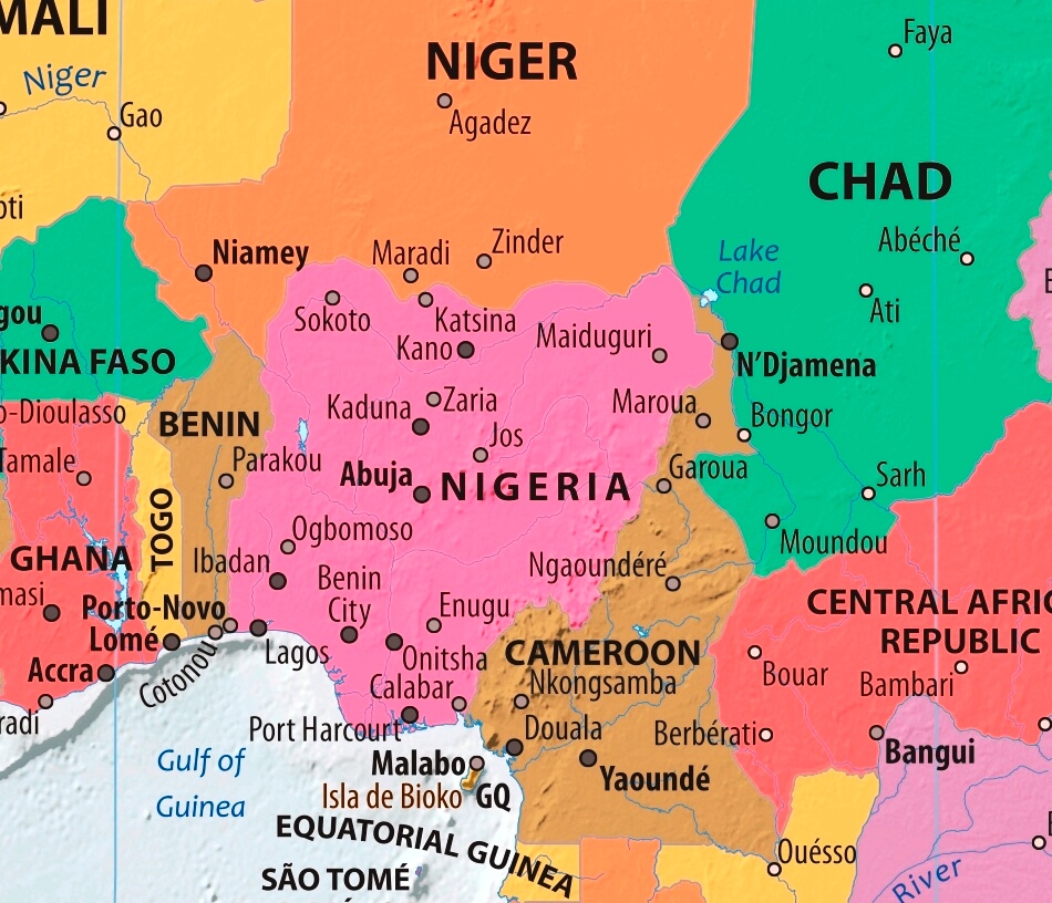 Map of Nigeria in english (Карта Нигерии на английском языке с городами)