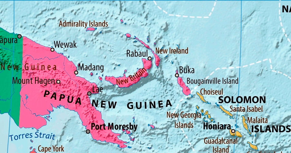 Map of Papua New Guinea in english (Карта Папуа-Новой Гвинеи на английском языке с городами)