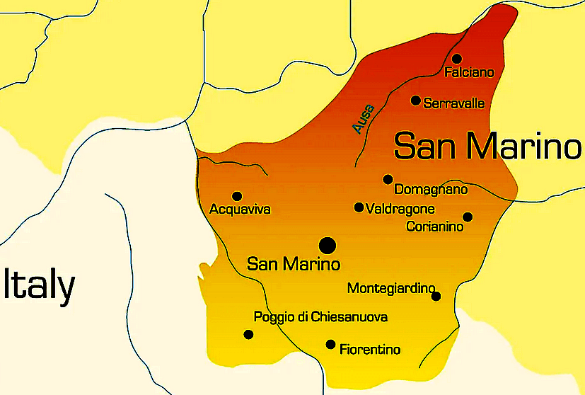 San Marino Karte mit Städten auf Englisch