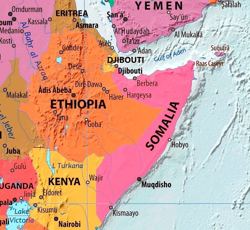 Map of Somalia in english (Карта Сомали на английском языке с городами)