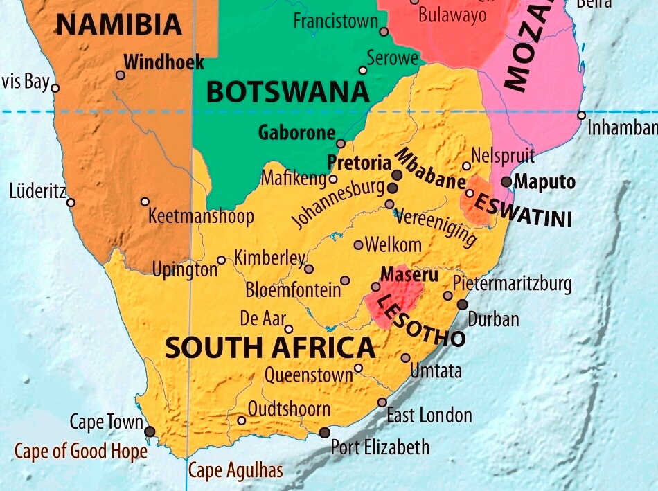 Map of South Africa in english (Карта Южной Африки на английском языке с городами)