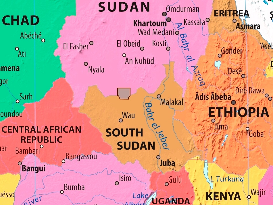 Map of South Sudan in english (Карта Южного Судана на английском языке с городами)