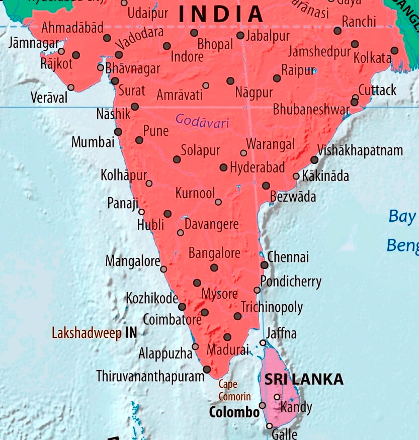 Map of Sri Lanka in english (Карта Шри-Ланки на английском языке с городами)