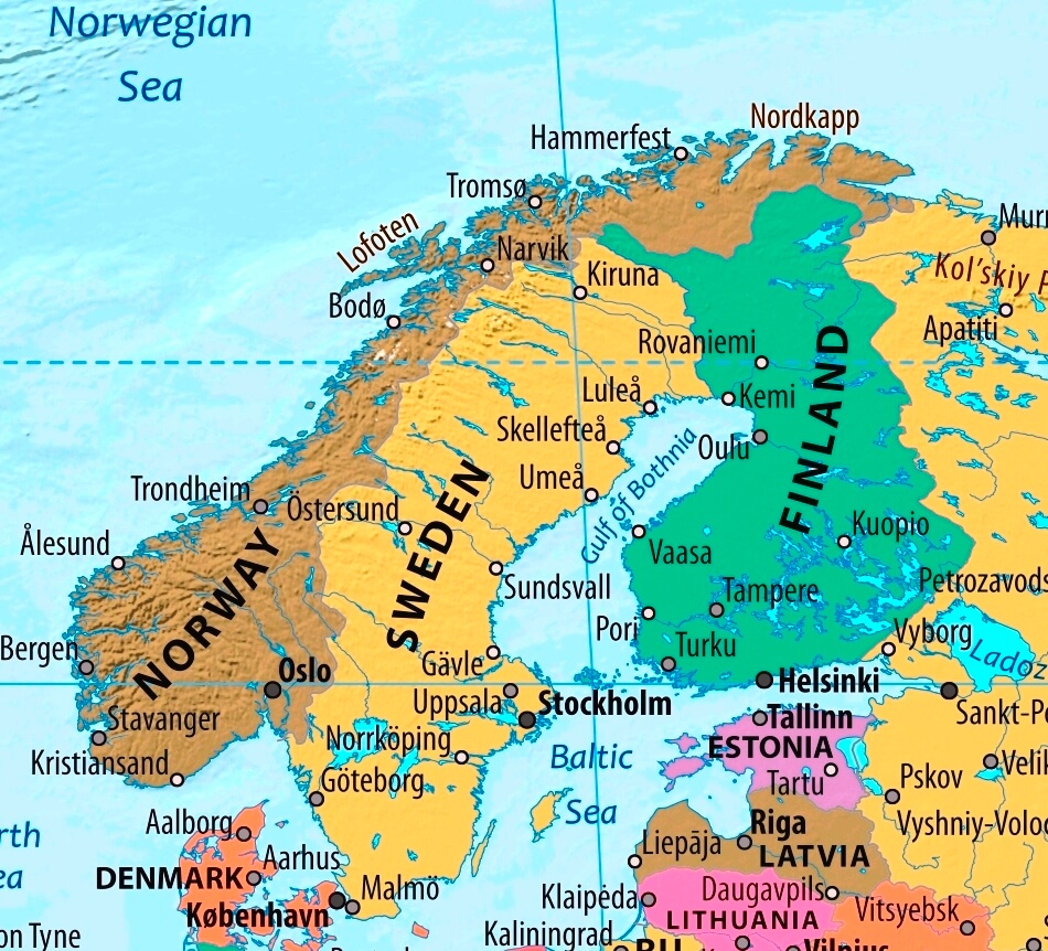 Map of Sweden in english (Карта Швеции на английском языке с городами)