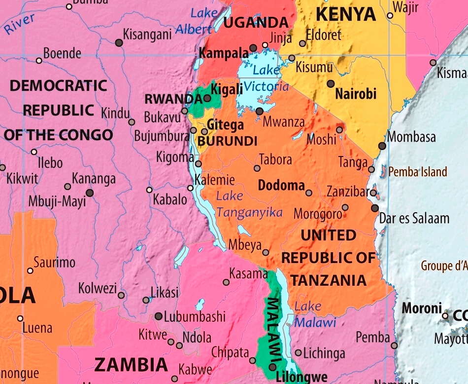 Map of United Republic of Tanzania in english (Карта Танзании на английском языке с городами)