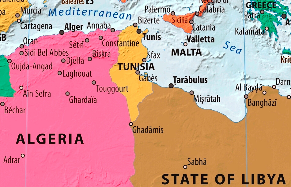 Map of Tunisia in english (Карта Туниса на английском языке с городами)