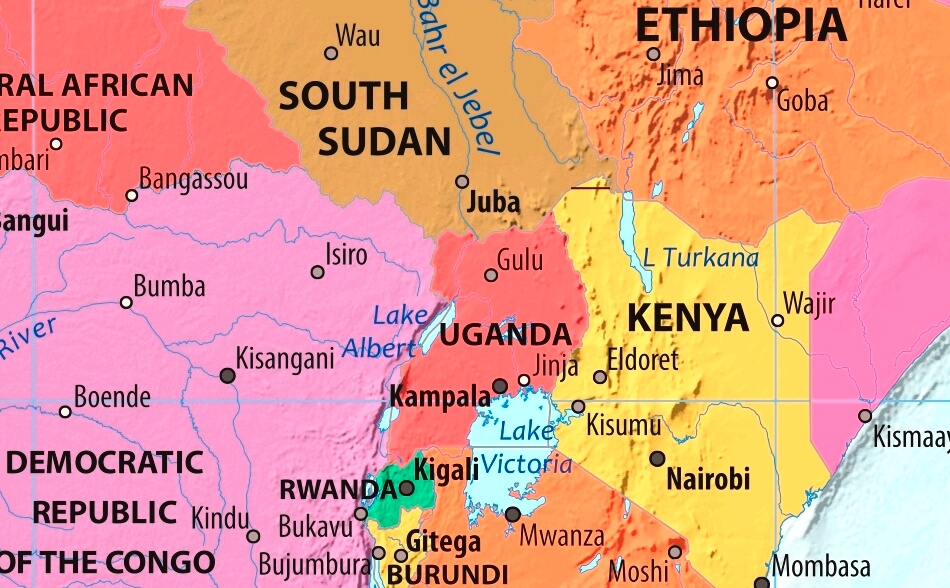 Map of Uganda in english (Карта Уганды на английском языке с городами)