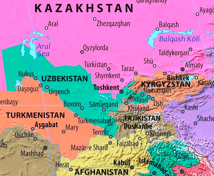 Uzbequistão mapa com cidades em inglês