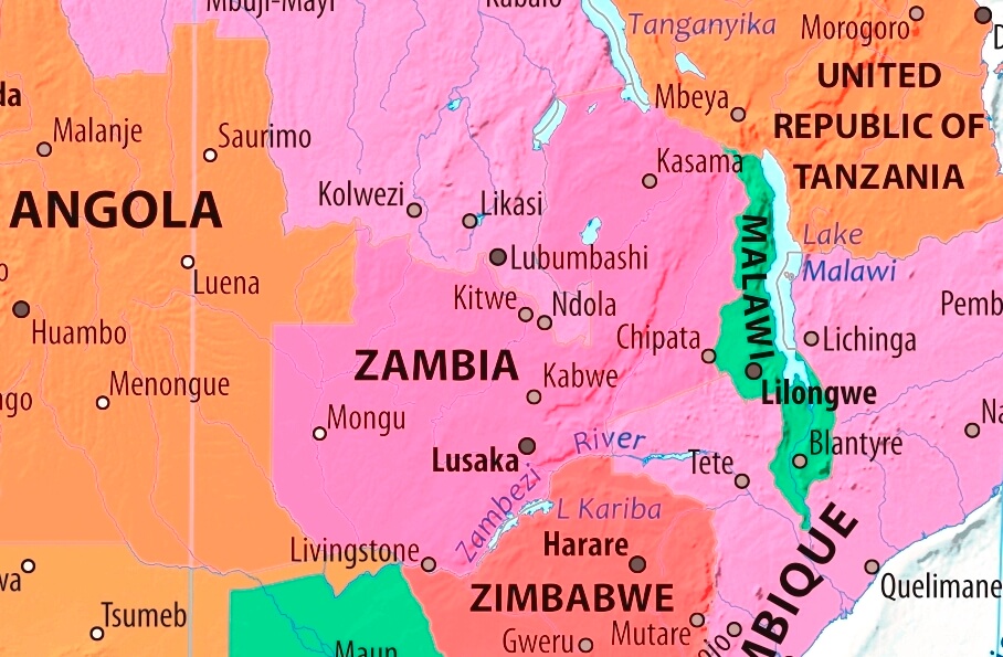 Map of Zambia in english (Карта Замбии на английском языке с городами)