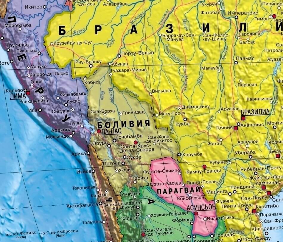 Боливия на карте мира с соседними странами, границами и городами на русском языке
