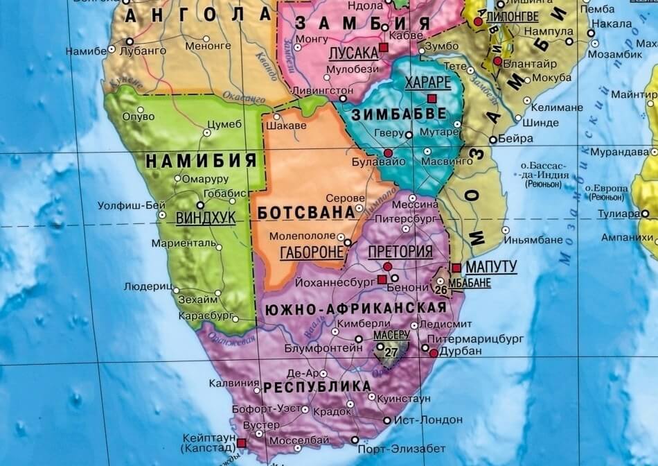 Ботсвана на карте мира с соседними странами, границами и городами на русском языке