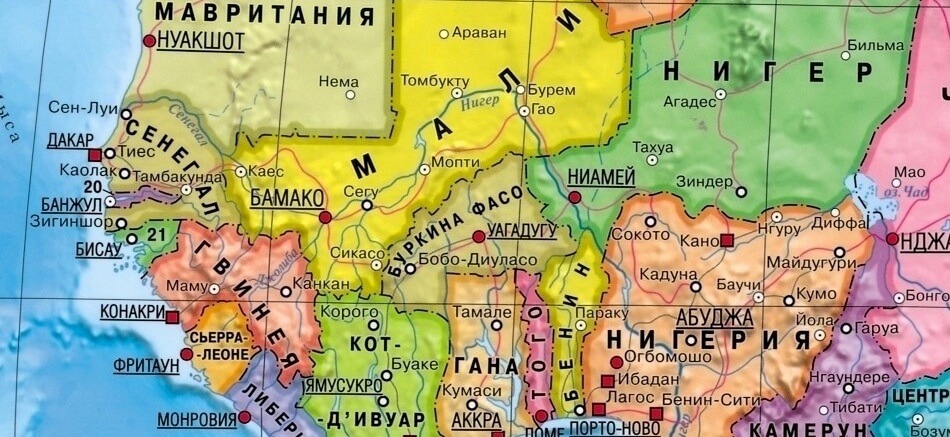 Буркина-Фасо на карте мира с соседними странами, границами и городами на русском языке