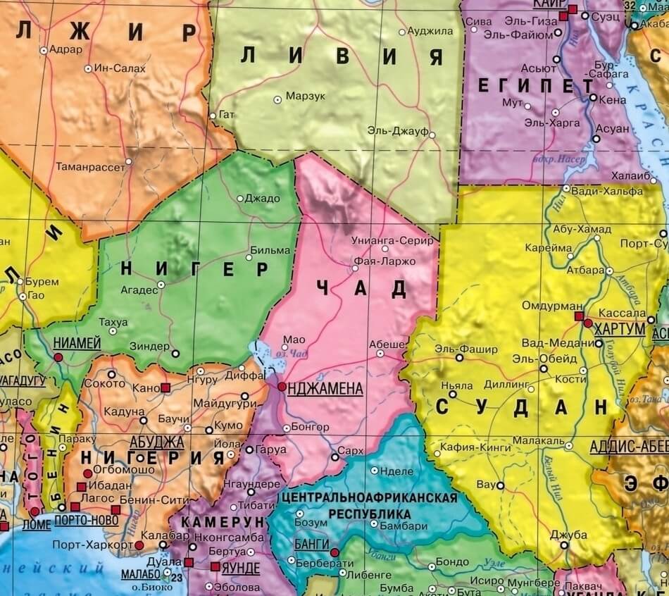 Чад на карте мира с соседними странами, границами и городами на русском языке