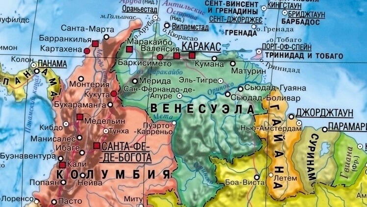 Гайана на карте мира с соседними странами, границами и городами на русском языке