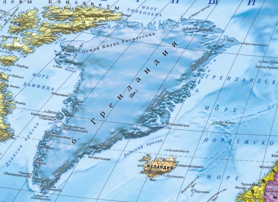Гренландия на карте мира с соседними странами, границами и городами на русском языке