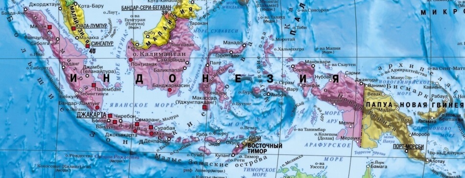 Индонезия на карте мира с соседними странами, границами и городами на русском языке