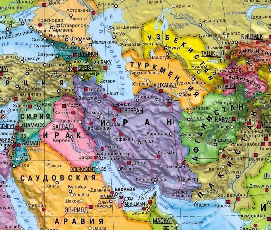 Ирак на карте мира с соседними странами, границами и городами на русском языке