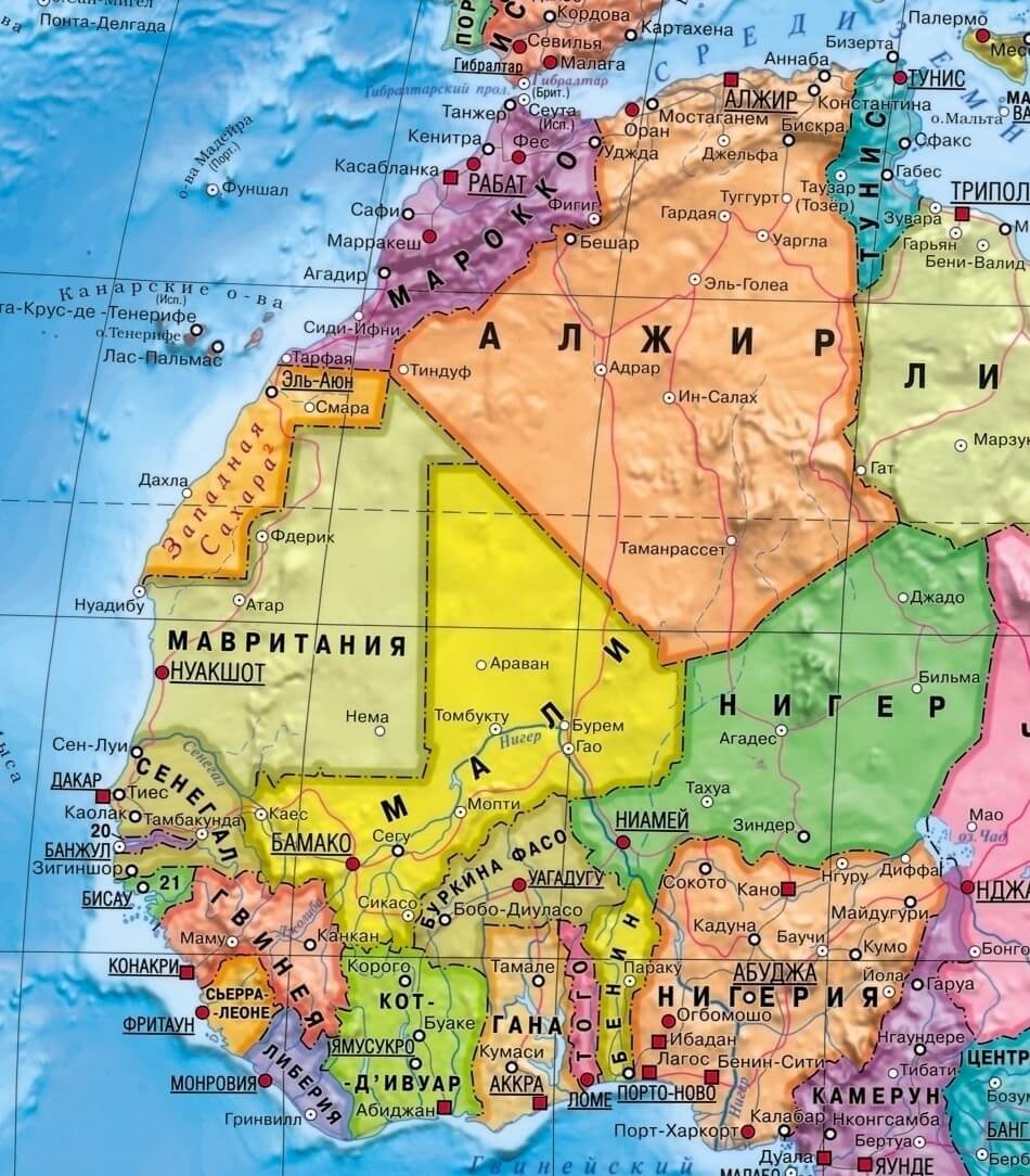 Мавритания на карте мира с соседними странами, границами и городами на русском языке