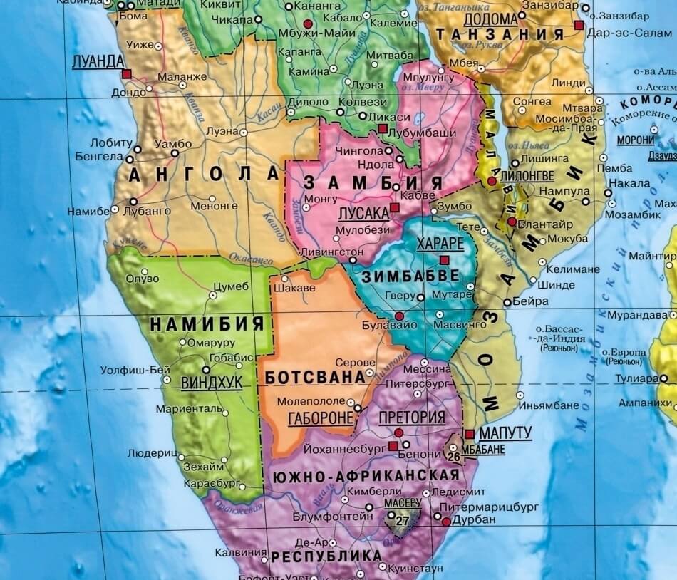 Мозамбик на карте мира с соседними странами, границами и городами на русском языке