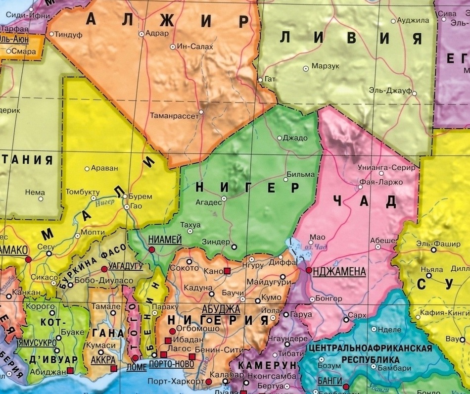 Нигер на карте мира с соседними странами, границами и городами на русском языке
