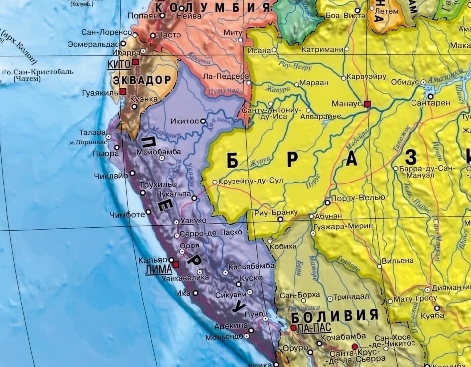Перу на карте мира с соседними странами, границами и городами на русском языке