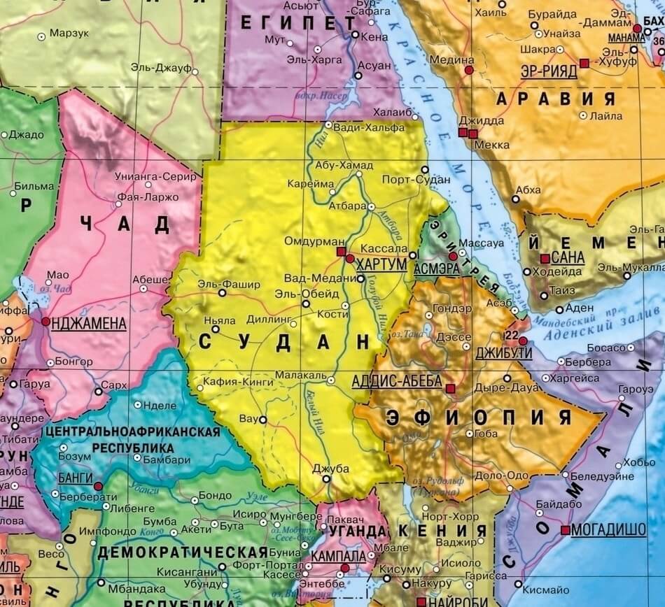 Судан на карте мира с соседними странами, границами и городами на русском языке
