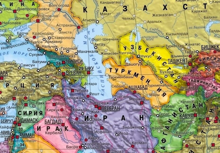 Туркмения на карте мира с соседними странами, границами и городами на русском языке