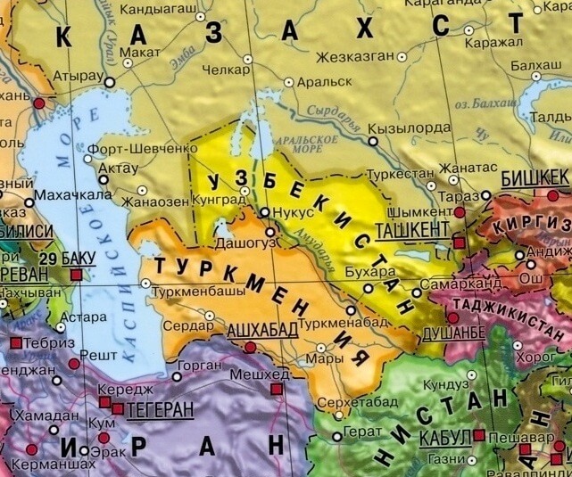Узбекистан на карте мира с соседними странами, границами и городами на русском языке