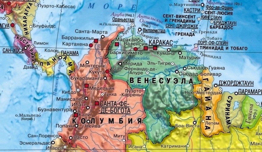 Венесуэла на карте мира с соседними странами, границами и городами на русском языке