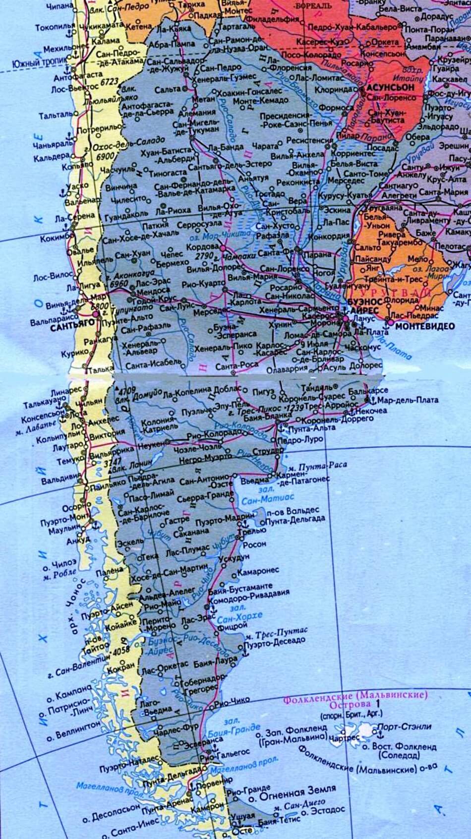 Карта Аргентины на русском языке с городами и дорогами