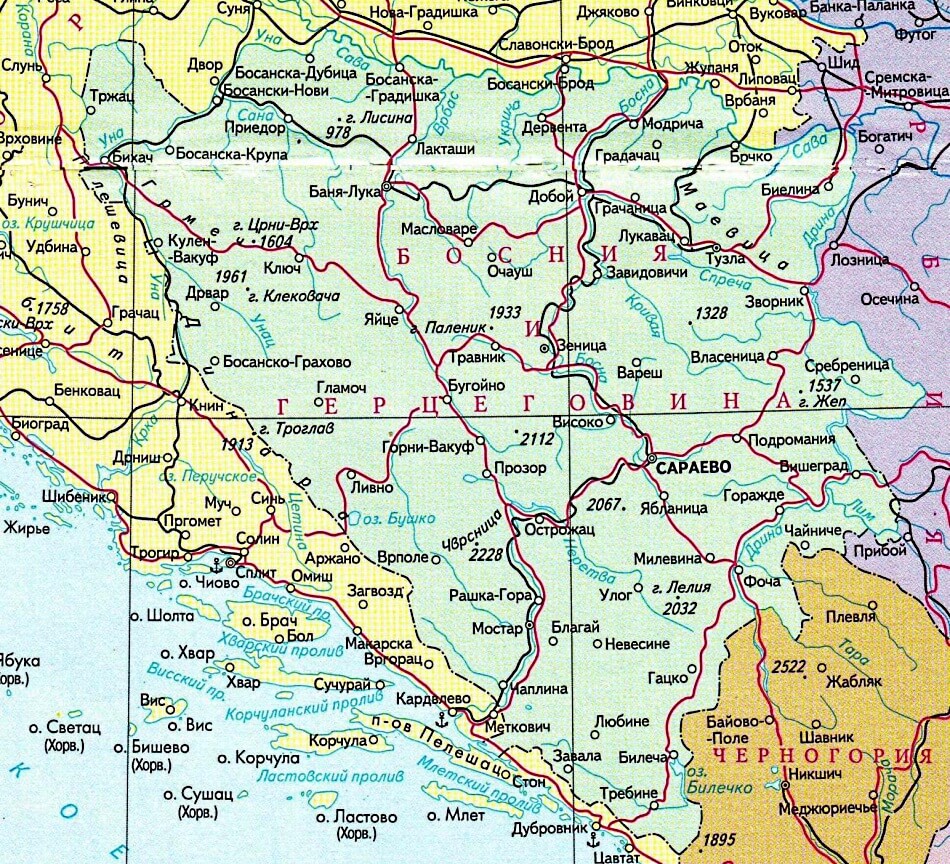 Карта Боснии и Герцеговины на русском языке с городами и дорогами