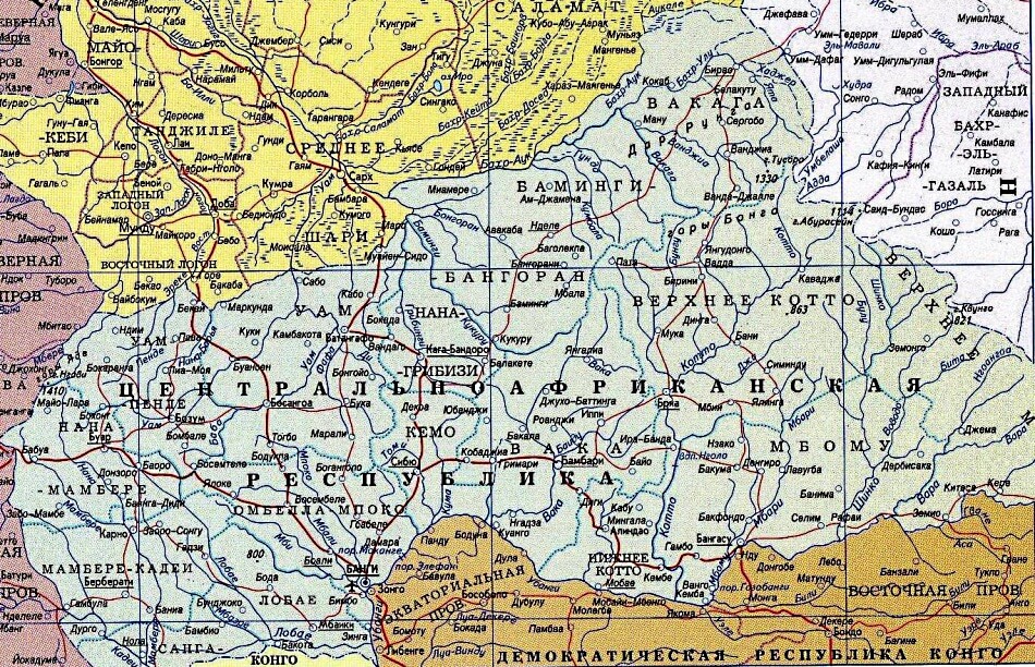 Карта Центральноафриканской республики на русском языке с городами и дорогами
