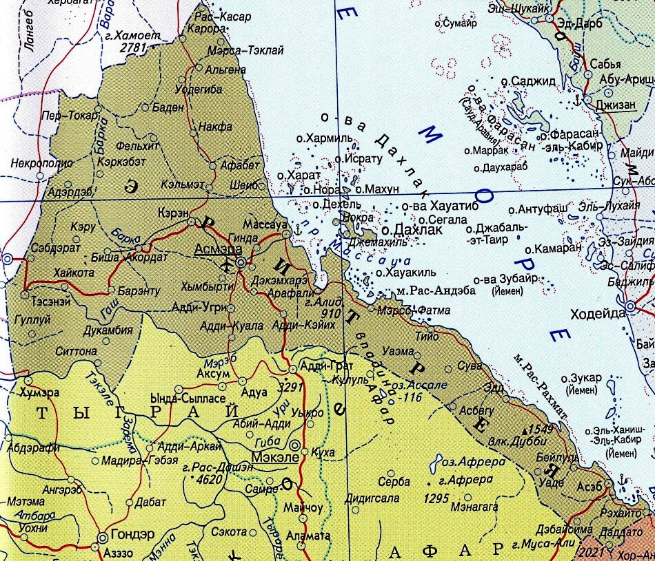 Карта Эритреи на русском языке с городами и дорогами