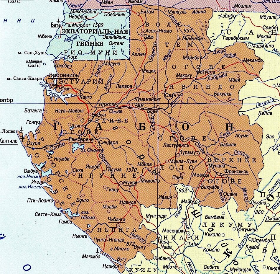 Карта Габона на русском языке с городами и дорогами