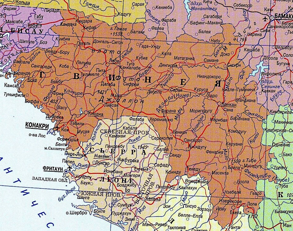 Карта Гвинеи на русском языке с городами и дорогами