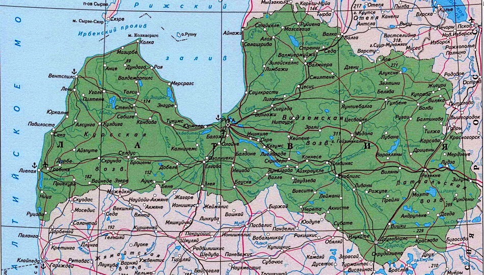 Карта Латвии на русском языке с городами и дорогами
