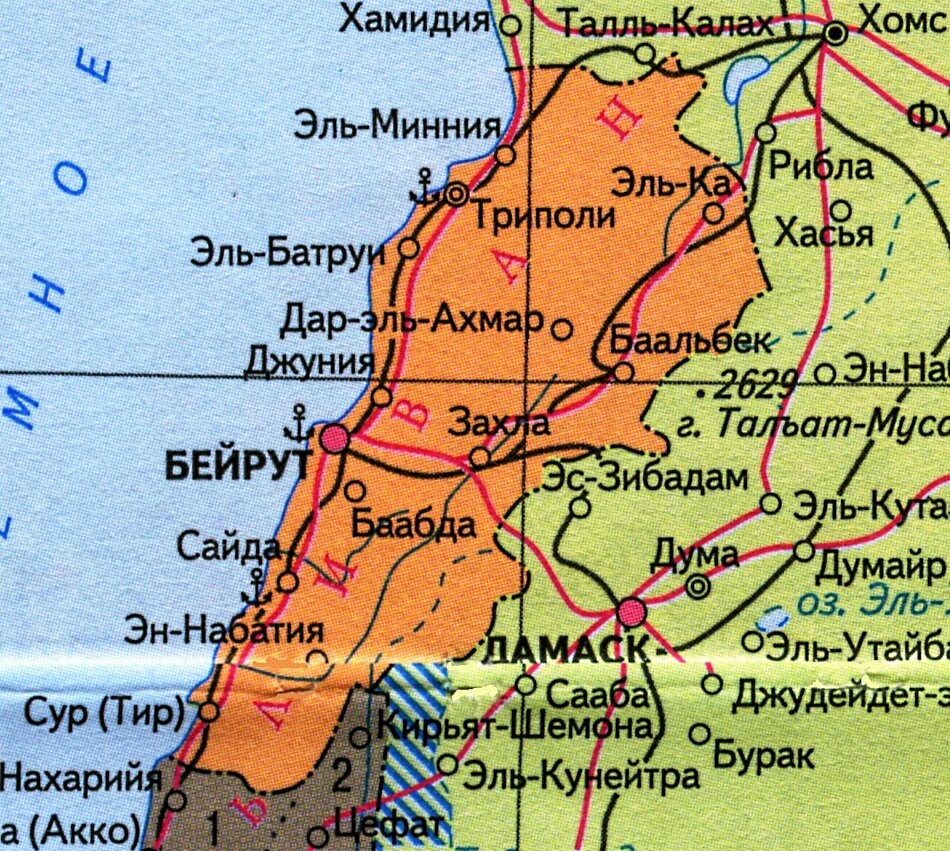Карта Ливана на русском языке с городами и дорогами
