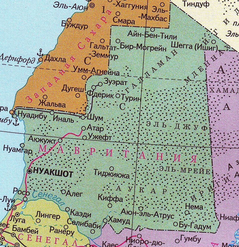 Карта Мавритании на русском языке с городами