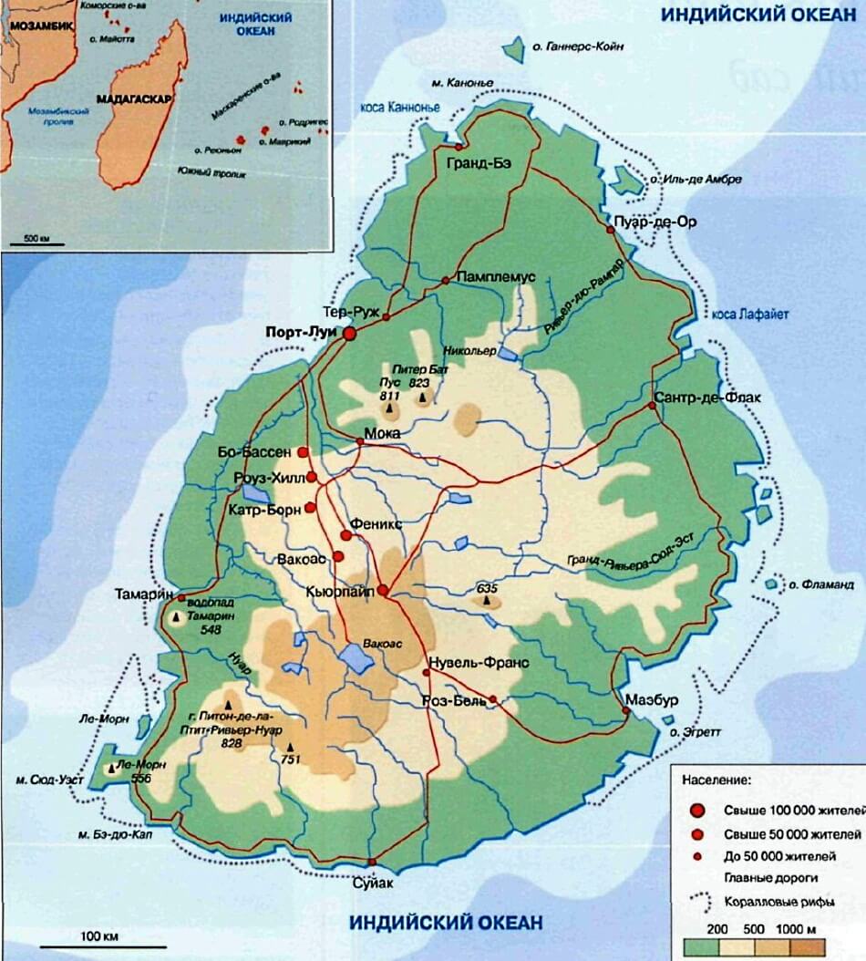Карта Маврикия на русском языке с городами и дорогами