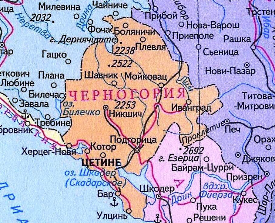 Карта Черногории на русском языке с городами